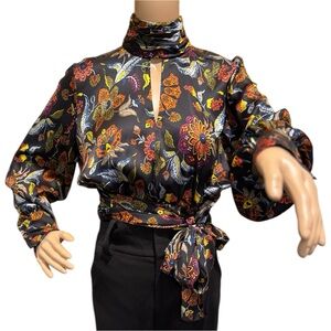 Cinq A Sept Blouse 100% Silk Crop Tie Top Floral Multi Color Black Size Small
